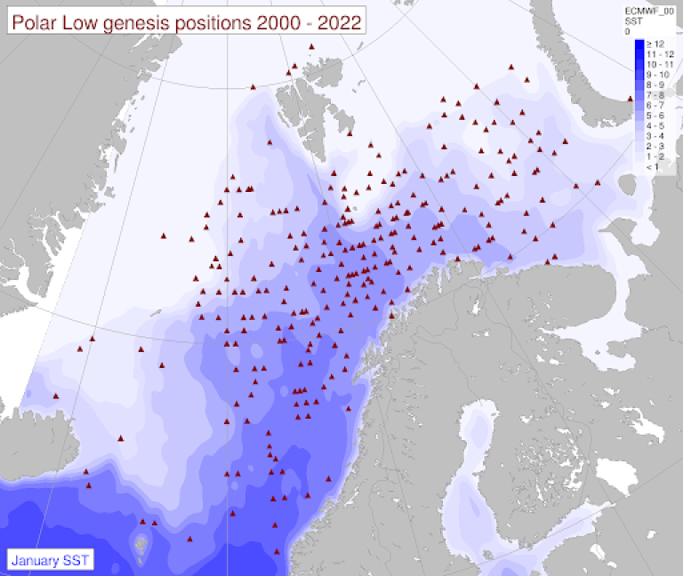 Figur 2: Dannelsesområder for polare lavtrykk fra 2000 til 2022 (rød trekant). Månedsmiddel hav- temperaturen for februar (blå skravering) viser gradientene i overflatetemperaturen. Tilsammen ble det registrert ca. 300 hendelser med polare lavtrykk ved Vervarslinga i Nord-Norge i disse årene. Illustrasjon: Gunnar Noer