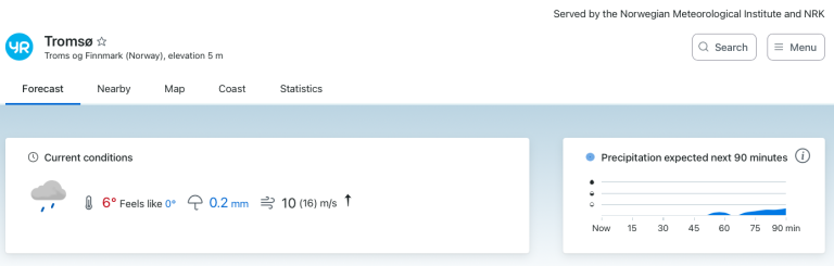 Here we see the weather now for Tromsø and predictions for the next 90 minutes. The forecast is based on observations, and are updated every 5 minutes. You find it on top of yr.no after searching for a place.