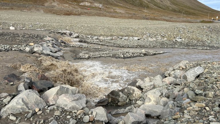 En elv med tydelig brunt vann renner nedover dalen og i et gruslagt landskap.