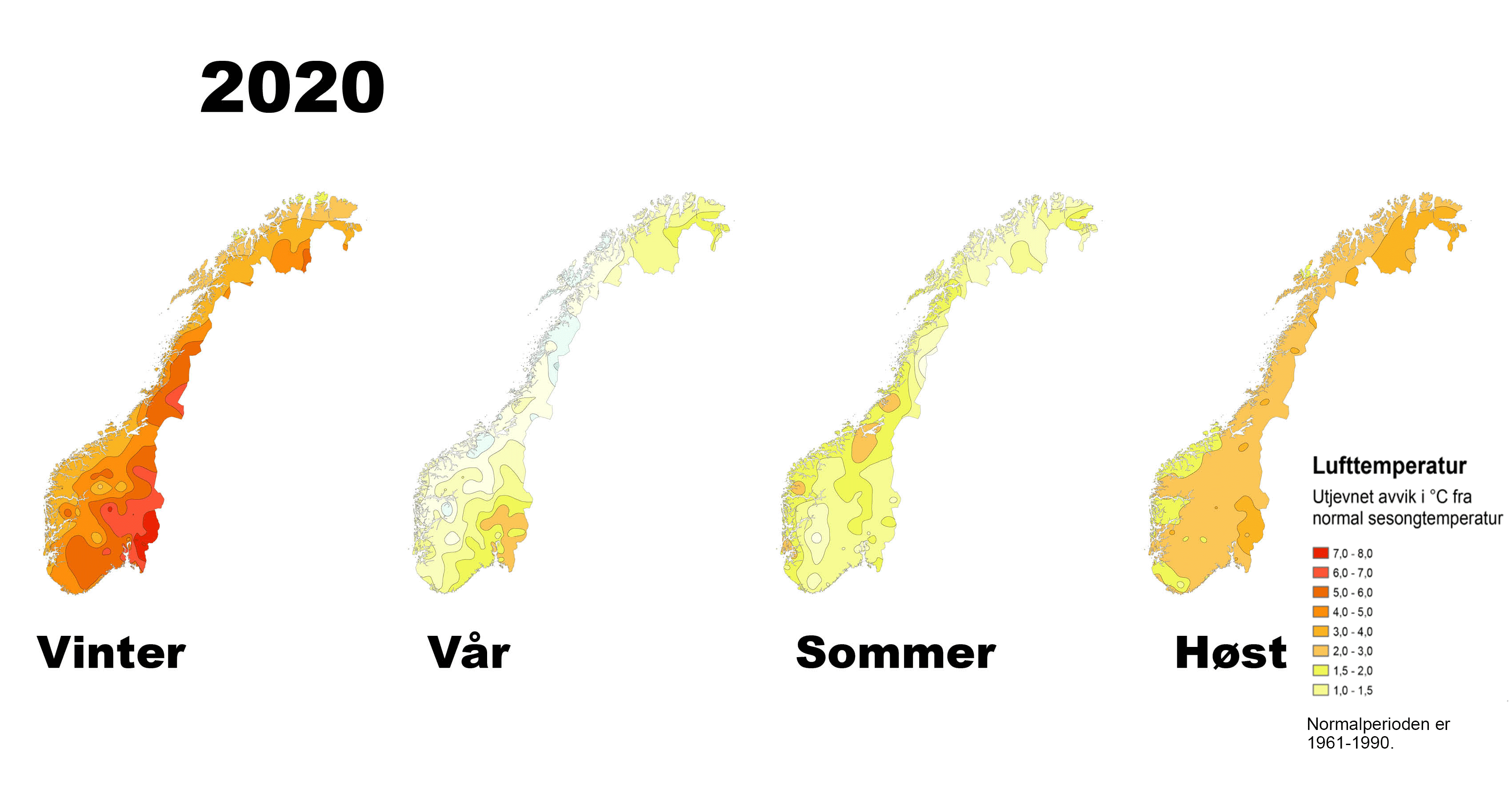 Her ser du hvordan temperaturen har vært sammenlignet med normalen i de ulike sesongene vi har hatt til nå. Normalen er gjennomsnittet av de tredve årene 1961 til 1990. Som du kan se var vinteren og høsten varmere enn normalen. Illustrasjon: Meteorologisk institutt