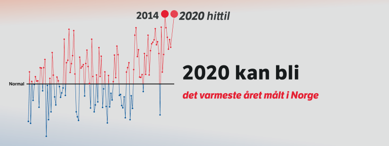 Her ser du gjennomsnittstemperaturen i Norge sammenlignet med normalen. Den viser at 2014 er det varmeste vi har målt i Norge, men at 2020 ligger hakk i hæl. Illustrasjon: Mai-Linn Finstad Svehagen, Meteorologisk institutt