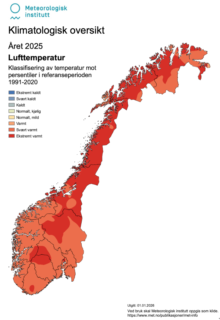 Kart som viser temperaturen i Norge i 2025