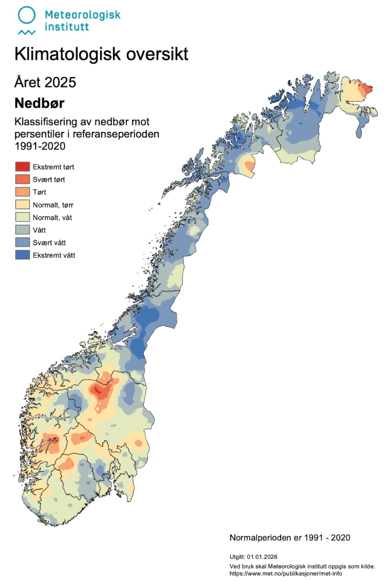 Kart som viser nedbøren i Norge i 2025. 