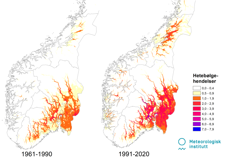 Grafikken viser hvor ofte det skjer hetebølger nå (til venstre) sammenlignet med før (til høyre).