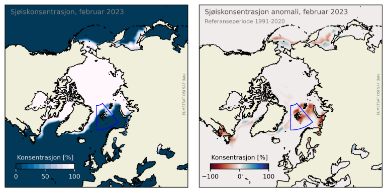 Figur 1: Til venstre: Sjøiskonsentrasjonen i Arktis for februar 2023. Blått er åpent hav, mens hvitt er 100 % is. Til høyre: Avvik i prosent av iskonsentrasjonen fra normalperioden 1991-2020. Røde områder har mindre is enn normalt mens blå har mer. Den blå boksen indikerer Svalbardregionen som vises i figur 3.