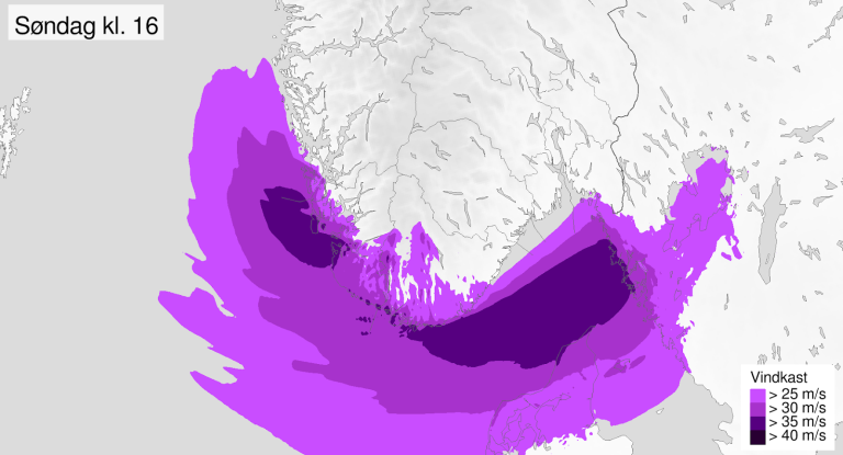Illustrasjonen viser vindkast søndag ettermiddag.