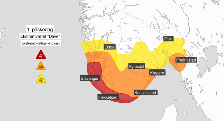 Kartet viser hvordan området for farevarslene er justert.&nbsp;
