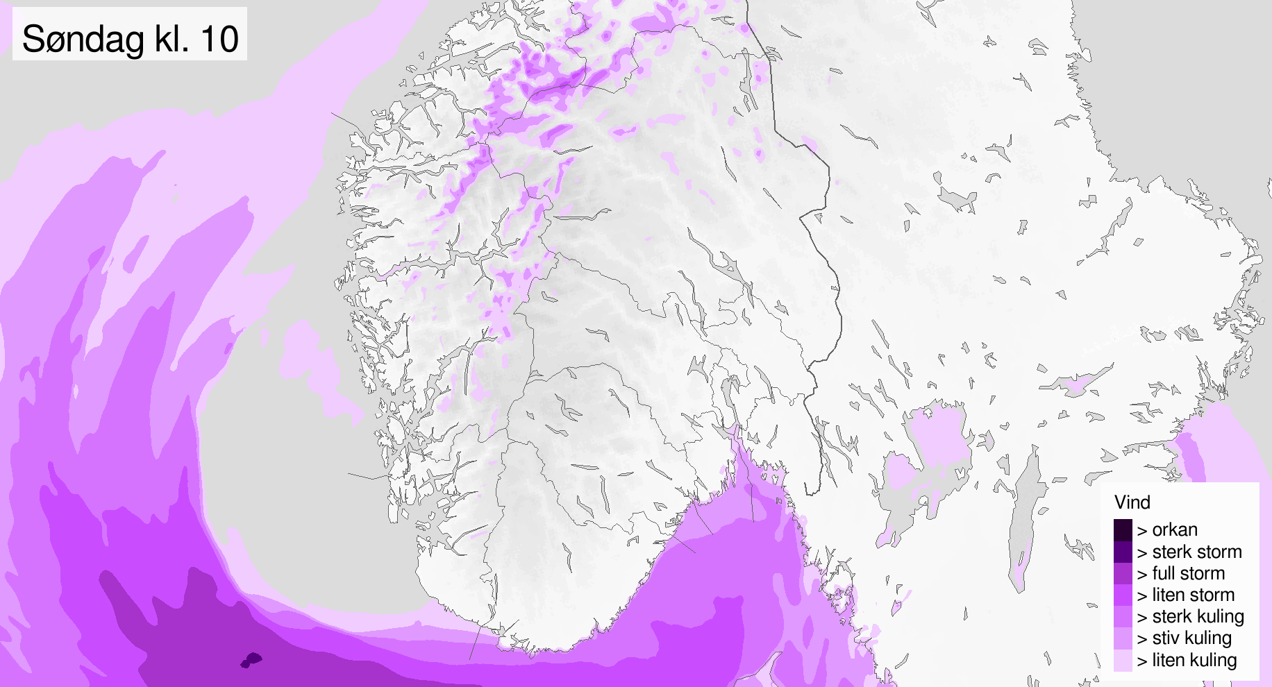 Illustrasjonen viser vindkast time for time gjennom søndag og mandag.