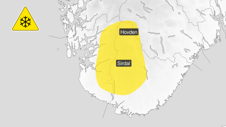 Kartet viser området som får mye snø i tillegg til kraftige vindkast.