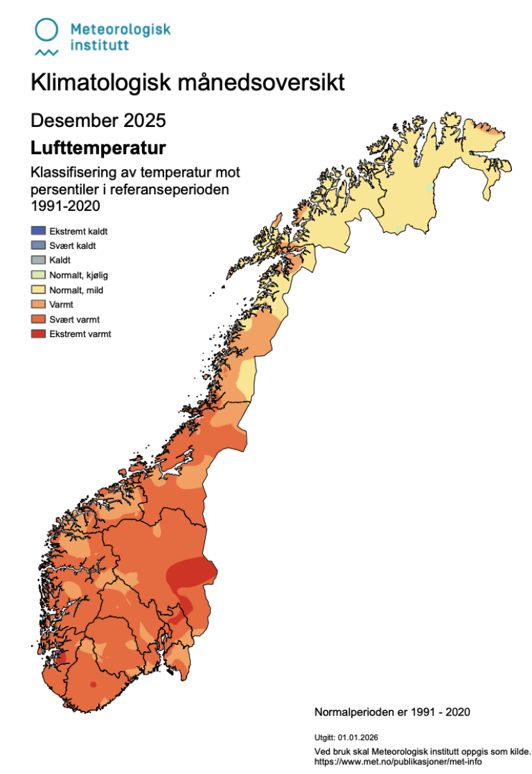 Kart over Noreg som syner lufttemperatur desember 2025. 