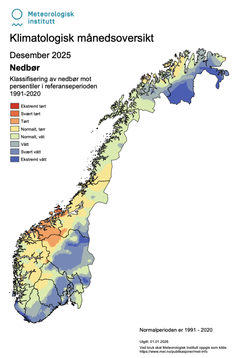 Kart over Noreg som syner nedbør i desember 2025. 