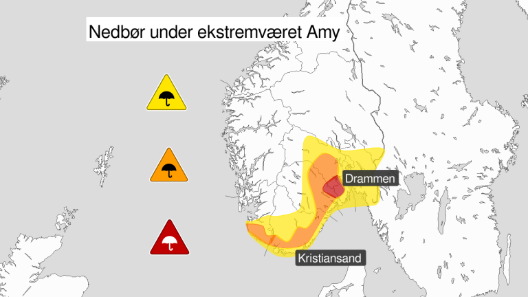 Kart som viser justert farevarselområde under Amy per 4.10. 
