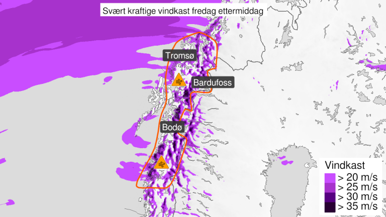 Bildet viser hvilke områder på kartet som er berørt av ekstremværet.