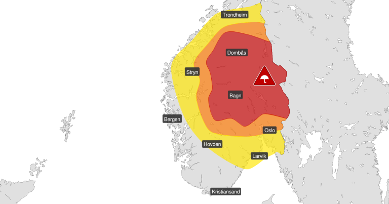 Kartet viser området for ekstremværet Hans og omliggende områder for oransje og gult farevarsel