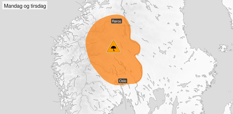 Området for farevarselet mandag og tirsdag