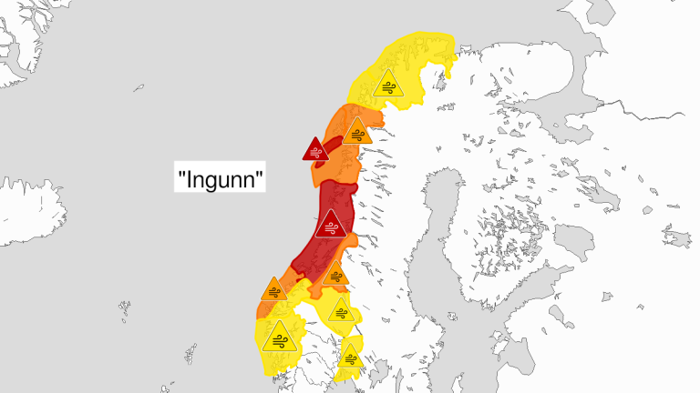 Kartet viser det oppdaterte området for ekstremværet Ingunn