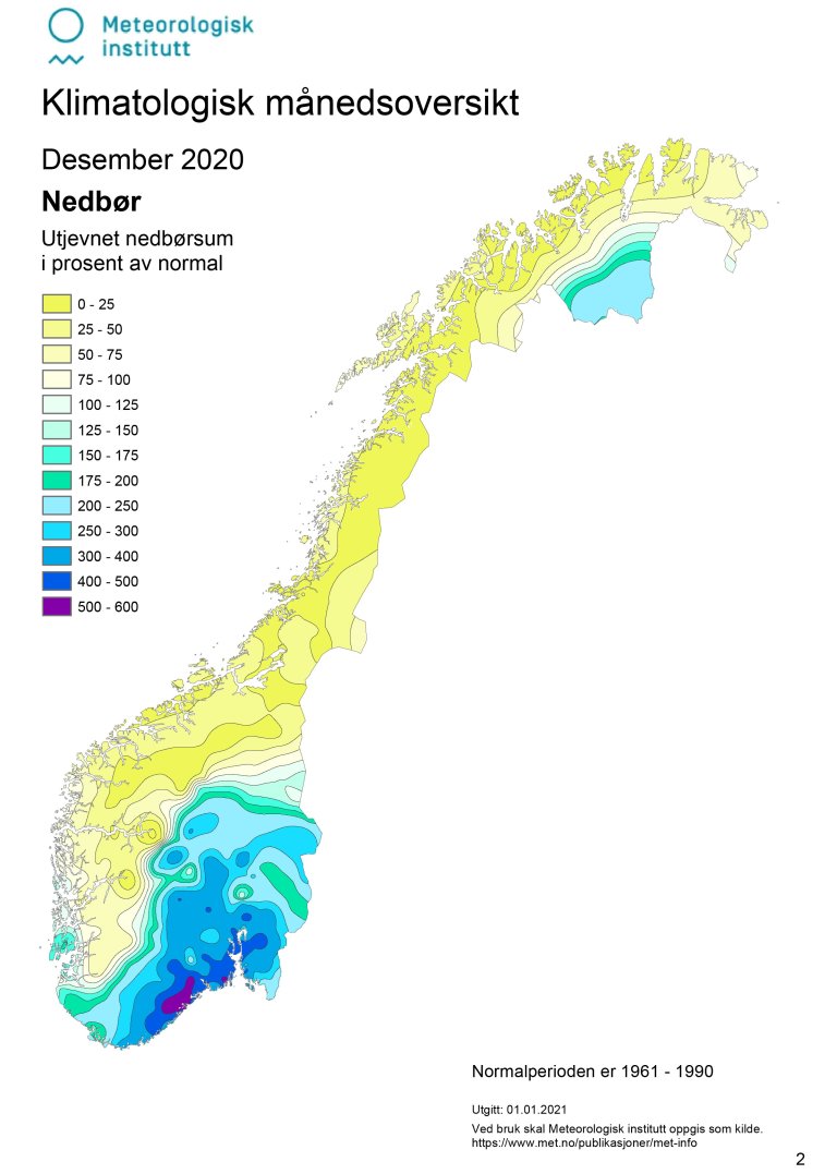 Nedbør i desember sammenlignet med normalen. Kilde: Meteorologisk institutt