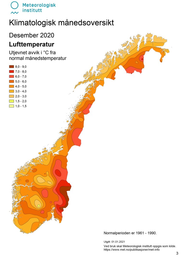 Gjennomsnittstemperatur i desember sammenlignet med normalen. Kilde: Meteorologisk institutt