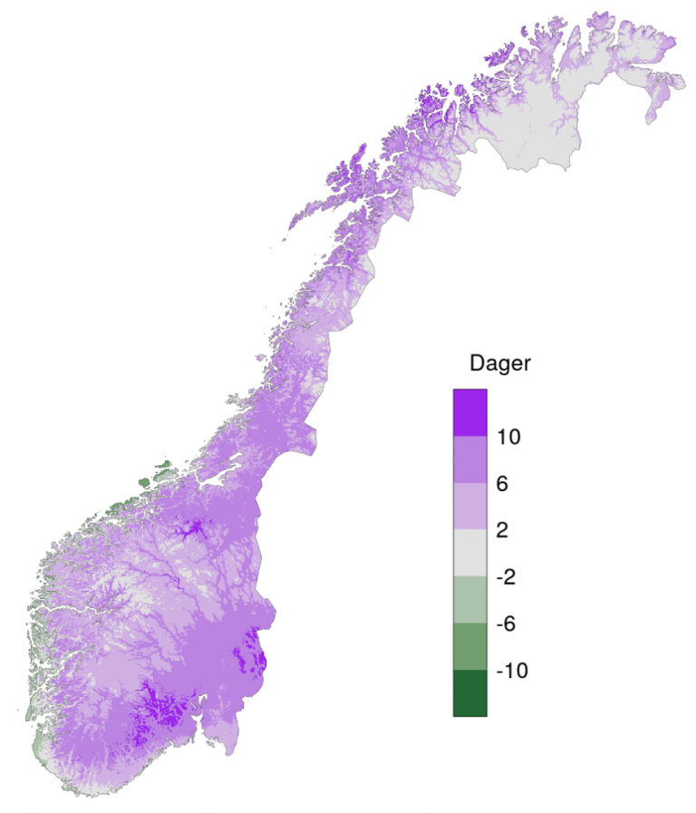 Kart av Norge med store lilla områder.