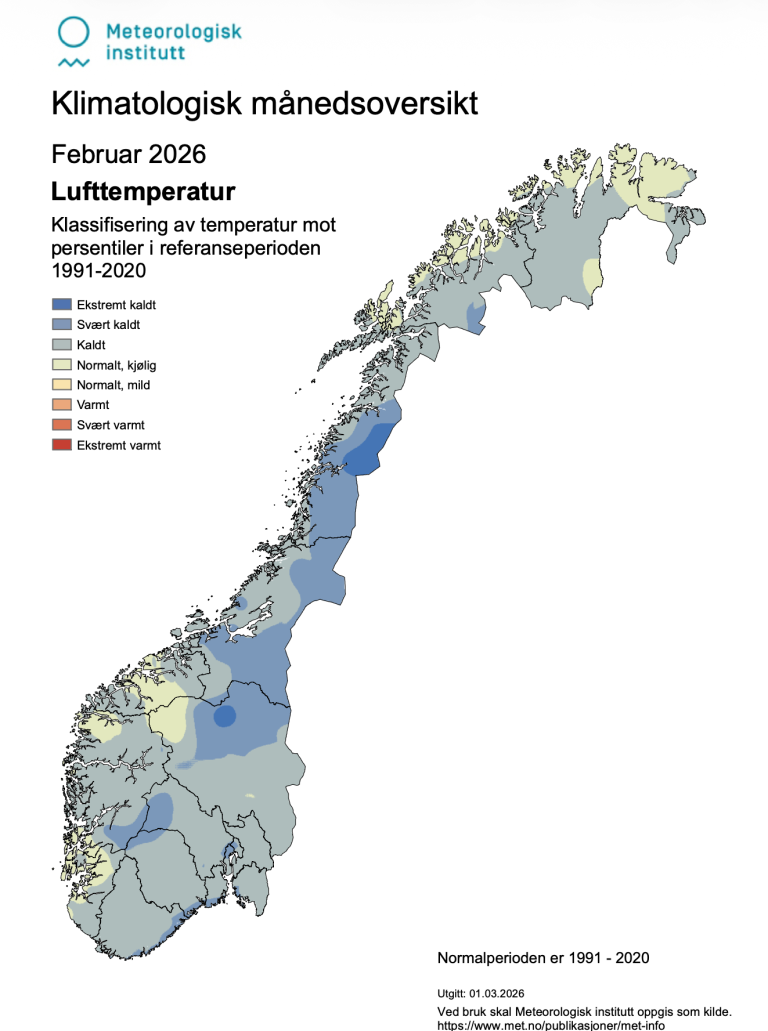 Kart over Norge som viser lufttemperatur for februar 2026. 