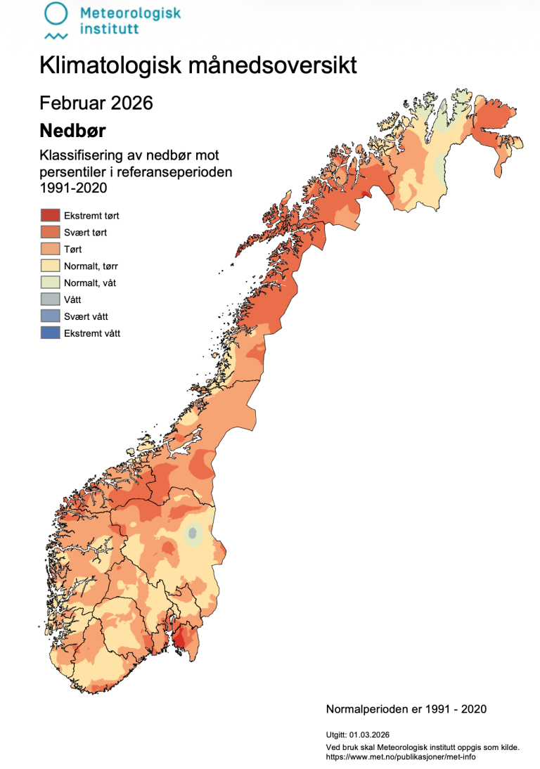 Kart over Norge som viser nedbør i februar 2026. 