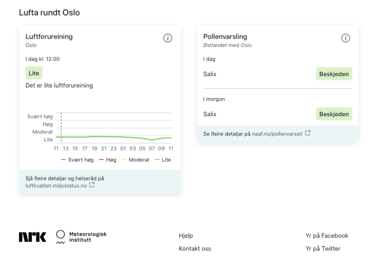 Eksempelet viser aktuelle varsel for luftkvalitet og pollen i Oslo 03.04.2020