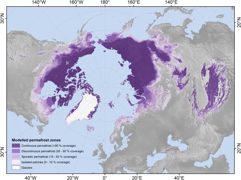 Kart som viser hvor det finnes permafrost.