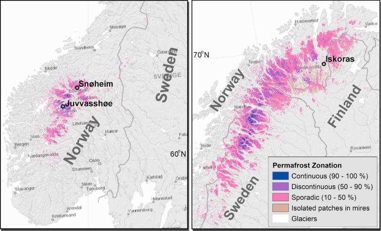 Kart som viser hvor det finnes permafrost i Norge.