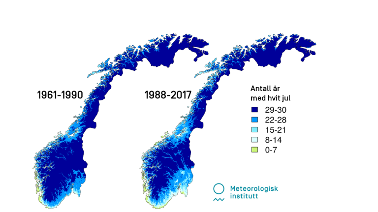 Kartene er basert på snødata for perioden 1961-1990 og 1988-2017. De viser hvor mange år det har vært 10 millimeter snø på bakken på julaften for hver av disse periodene. I snøkartene er grensen for om det er snø på bakken satt til 10 mm målt i vannekvivalent. Kilde: Cristian Lussana og Ketil Isaksen, klimaforskere ved Meteorologisk institutt.