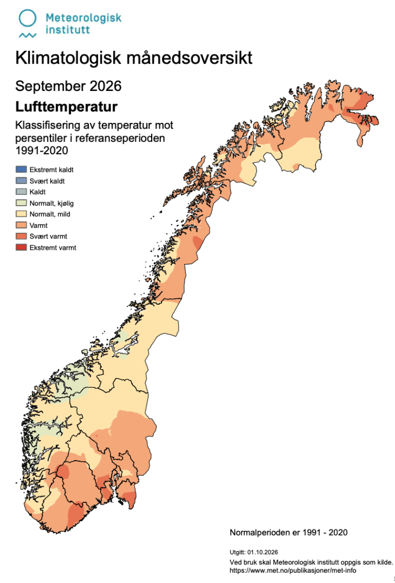 Kart som viser klimatologisk lufttemperatur i Norge i september. 