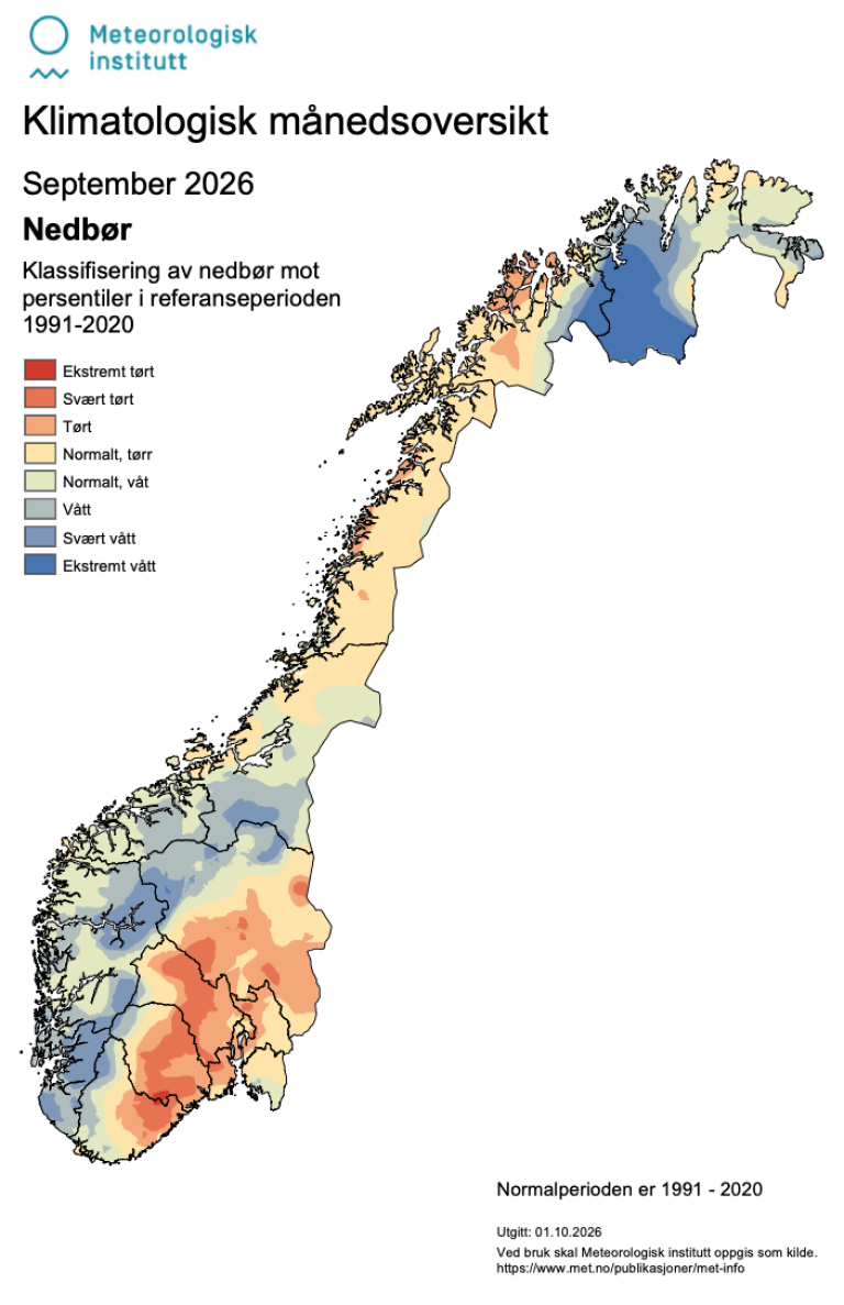 Kart som viser nedbør mot persentiler i referanseperioden 1991–2020. 