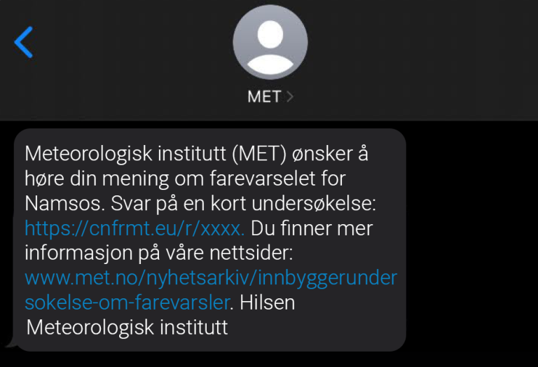 Slik ser tekstmeldingen fra Meteorologisk institutt ut. Siste delen av lenken vil variere fra gang til gang.