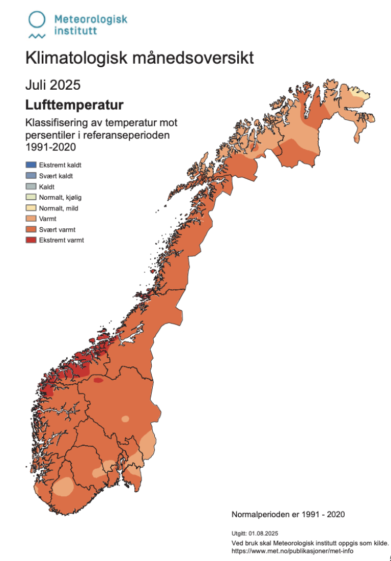 Kartet syner lufttemperatur for juli 2025.
