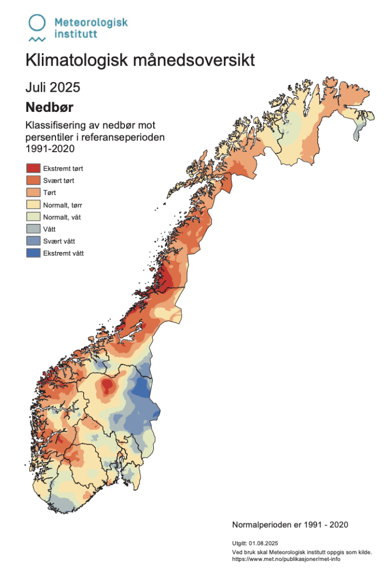 Kartet syner kor mykje nedbør som fell juli 2025.