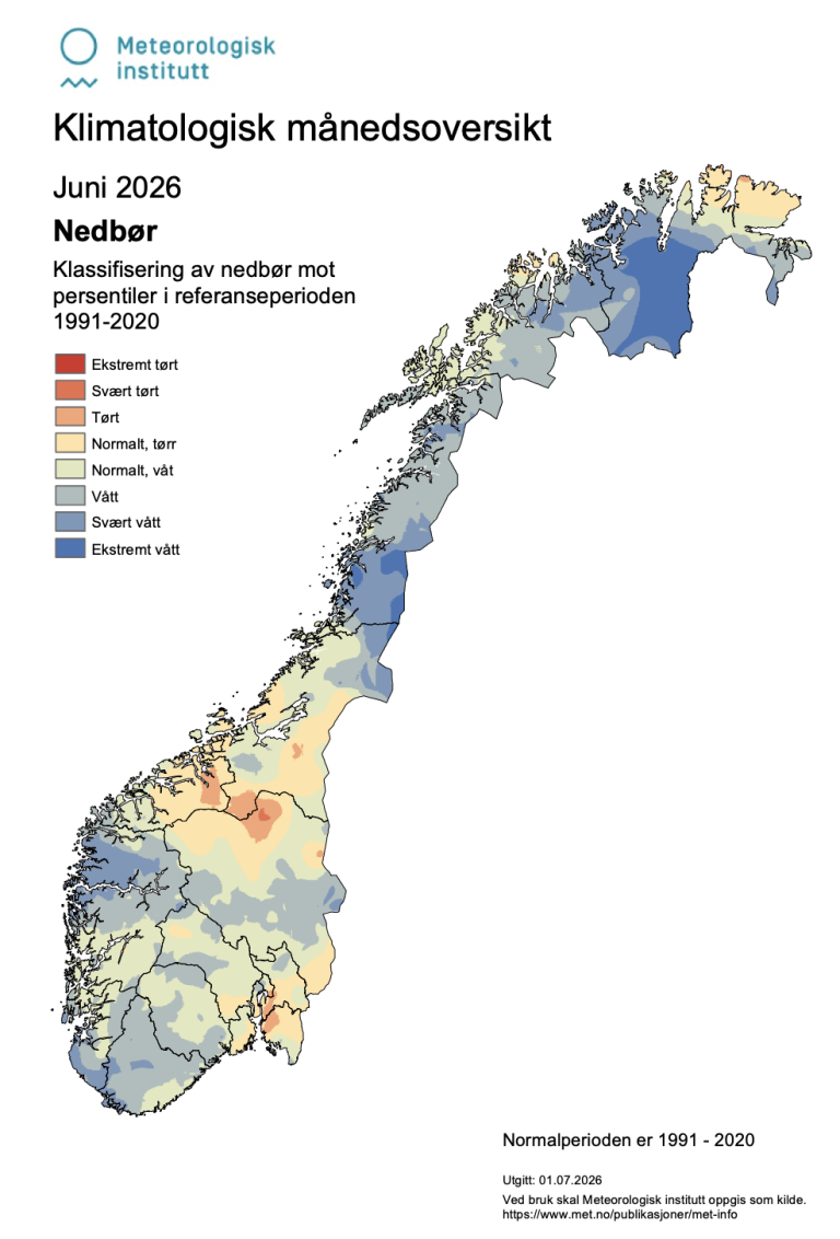 Kart som viser nedbør for Norge juni 2026. 
