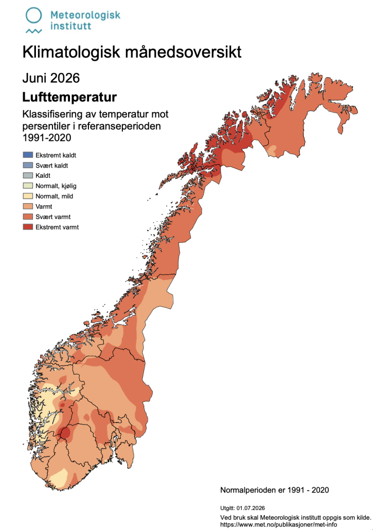 Kart som viser lufttemperatur for Norge juni 2026. 