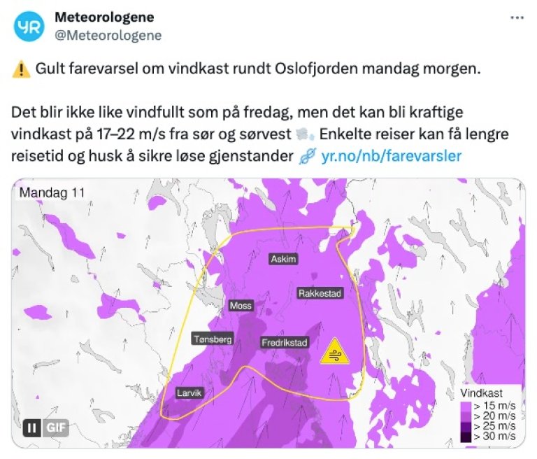 Viser kart over området på Østlandet som fikk gult varsel om vindkast.