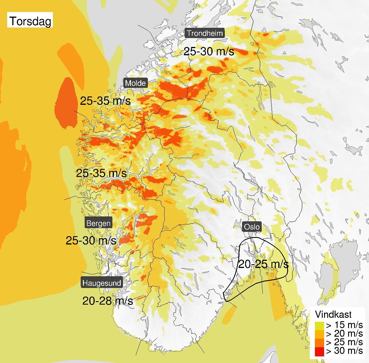 Vindkast i Sør-Norge torsdag