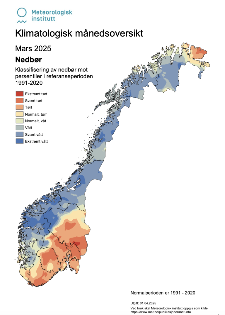 Kart som viser nedbør i mars
