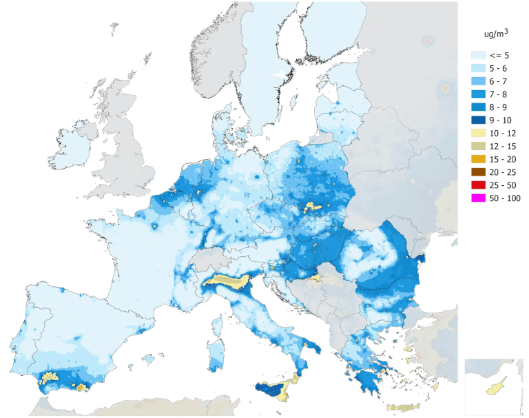 Kart som viser luftforurensningen i EU 2030 om det ikke blir satt inn tiltak for renere luft.