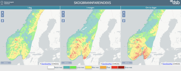 Skjermdump fra skogbrannfare.met.no.