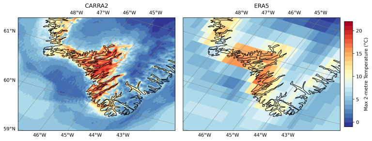 CARRA2 (venstre) vs ERA5 (høyre) på en dag med varmerekord på Grønland (19. mai 2012). Kilde: CARRA