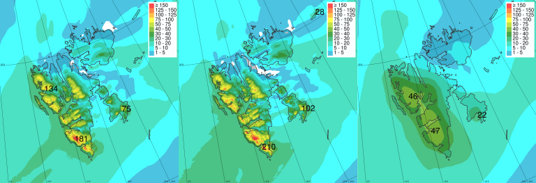 Ekstrem nedbørhendelse på Svalbard 7-8. november 2016: 24-timers-nedbør i CARRA1 (venstre), CARRA2 (midten) og ERA5 (høyre). Tallene på kartene viser maksimalverdier av nedbøren. CARRA1 og CARRA2 viser lignende mønstre, og mer realistiske verdier enn ERA5.
