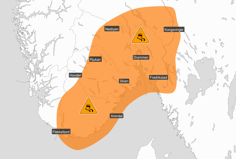 Et kart som viser området som er berørt av vanskelige kjøreforhold 22. januar