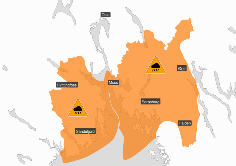 Kartet viser områdene som er berørt av varselet: Fra sør i Vestfold, opp til litt nord for Hvittingfoss, over fjorden til Moss, Sarpsborg, ned til Halden og litt nord for Ørje.