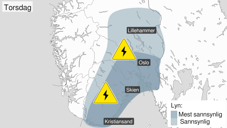 Kartet viser området som er berørt av farevarselet for mye lyn. Fra Agder i sør til Innlandet i nord.