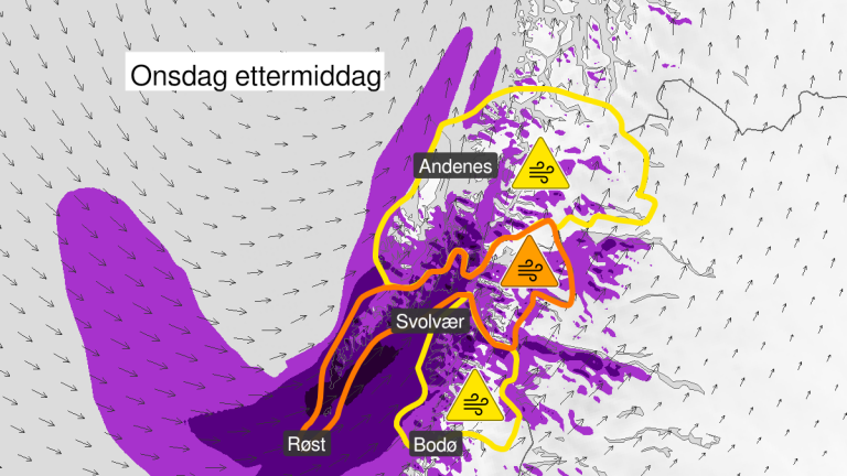 Kart over svært kraftige vindkast, oransje nivå, Ofoten og Lofoten, 24 March 11:00 UTC til 24 March 18:00 UTC.