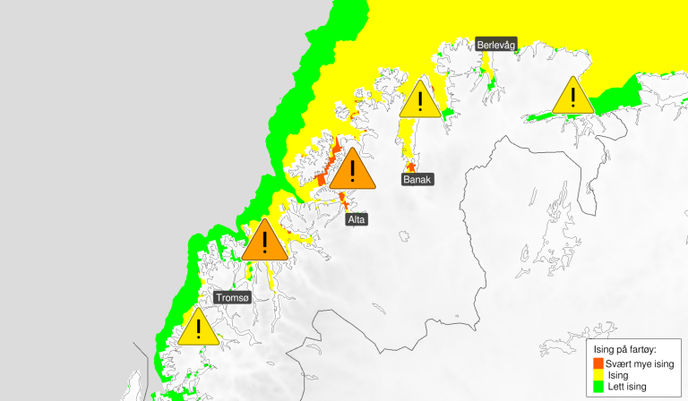 Kartet viser hvor det er fare for ising på fartøy i forbindelse med den kraftige vinden i Nord-Troms og Vest-Finnmark.