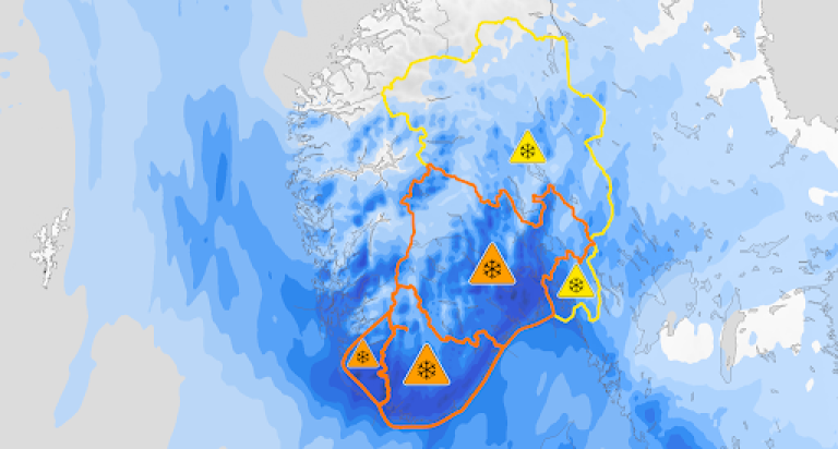 Vi har sendt ut farevarsel på oransje nivå, det nest høyeste farenivået, for snøen som kommer i deler av Sør-Norge onsdag og torsdag.