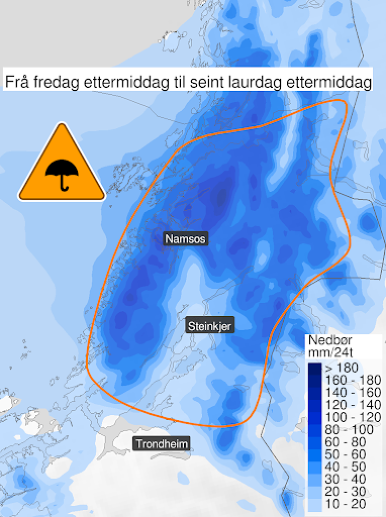 Kart som gjeld fredag ettermiddag til seint laurdag ettermiddag